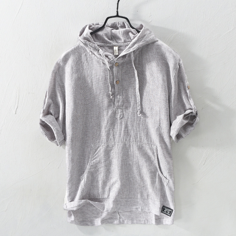 

Summer Fashion Men Shirts Hooded Collar Half Sleeve Shirts Men Linen Cotton Fabric Japanese Style Casual Tee Shirt camisa hombre, Blue