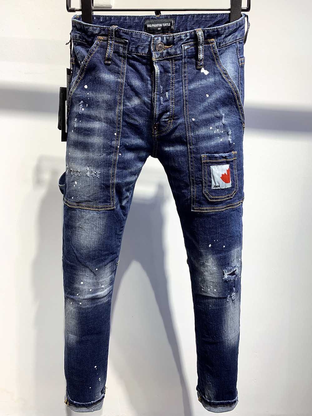 

DSQ PHANTOM TURTLE Classic Fashion Man Jeans Hip Hop Rock Moto Mens Casual Design Ripped Jeans Distressed Skinny Denim Biker DSQ Jeans 6911, Blue