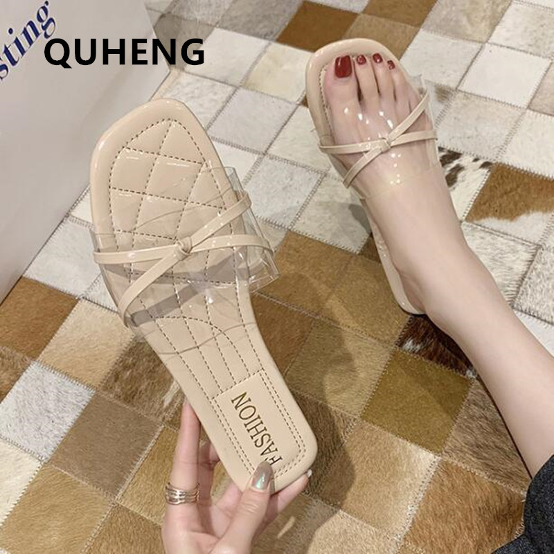 

Women's Slippers Summer Ladies Transparent PU Leather Open Toe Flat Sandals Outdoor Beach Flip Flops Fashion Female Slippers, Beige
