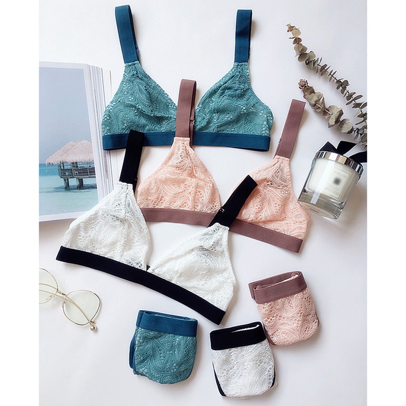 

Sexy Lace Unlined Thin Vest Triangle Cup Seamless Lingerie Push Up Bra Adjusted-Straps Hollow Out Floral Underwear Set, Pink