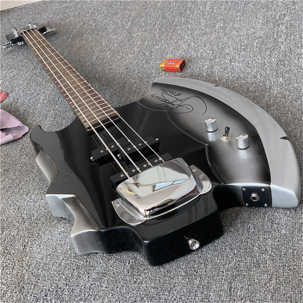

Free shipping,Heavy Metal Chopper GENE SIMMONS AXE Electric Bass Guita Black 4 Strings Electric Bass Guitar Chrome Pickup Cover Strings Thru