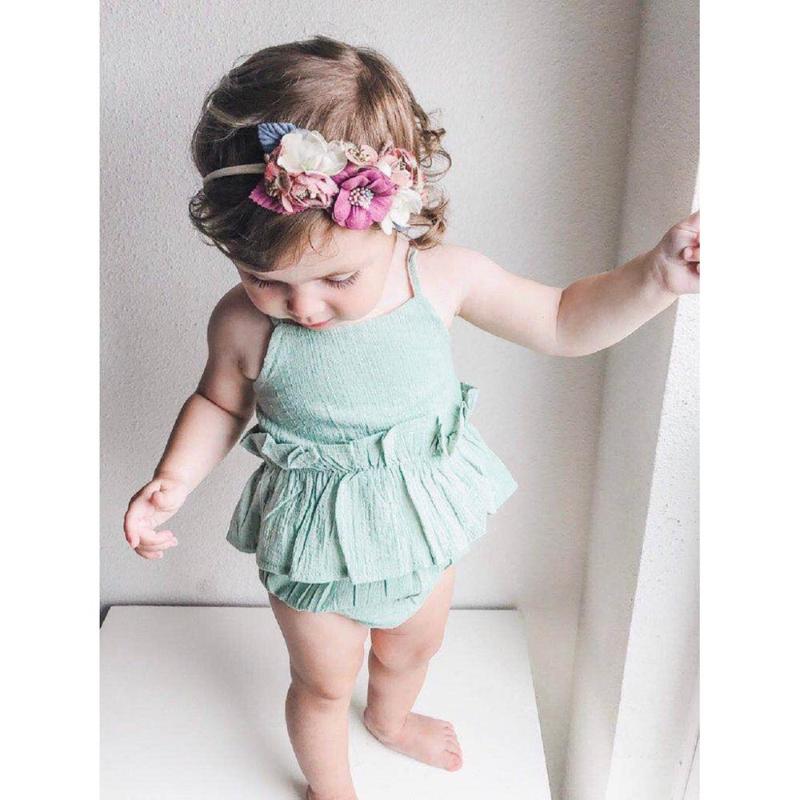 

Newborn Baby Girl Clothes Infant Ruffles Strap Linen Romper Bodysuit Cotton Fashion Solid Color Outfits Set (0-2Years old) &xw, Green