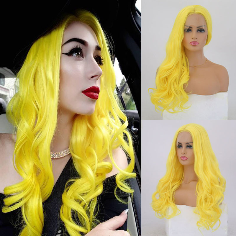 

RONGDUOYI Synthetic Lace Wig Yellow Body Wave Wigs Long Lace Front Fiber Wig Middle Part Hairs for BLack Women Cosplay Hair Wigs, As pic