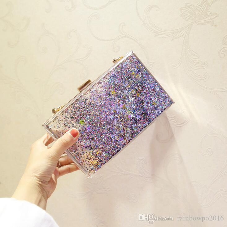 

Factory custom brand package, summer crystal clear woman chain bag, personality flash powder, liquid acrylic Dinner Bag, 6 colors, Blue(boutique packaging)