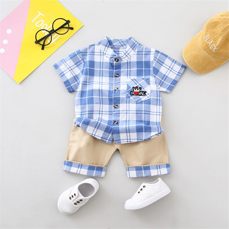 

2020 New Summer Children Casual Clothing Baby Boy Girl plaid Fashion Shirt Shorts 2Pcs/sets Kid Infant Clothes Toddler Tracksuit, Yh s huangg blue