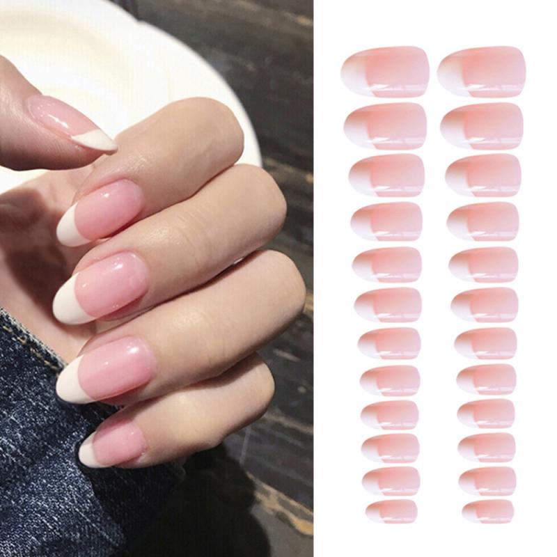 

Fashion Women Girls 24Pcs Nail Art Simple French Pink Round Head Fake Nail Patch Stickers Decals TSLM1