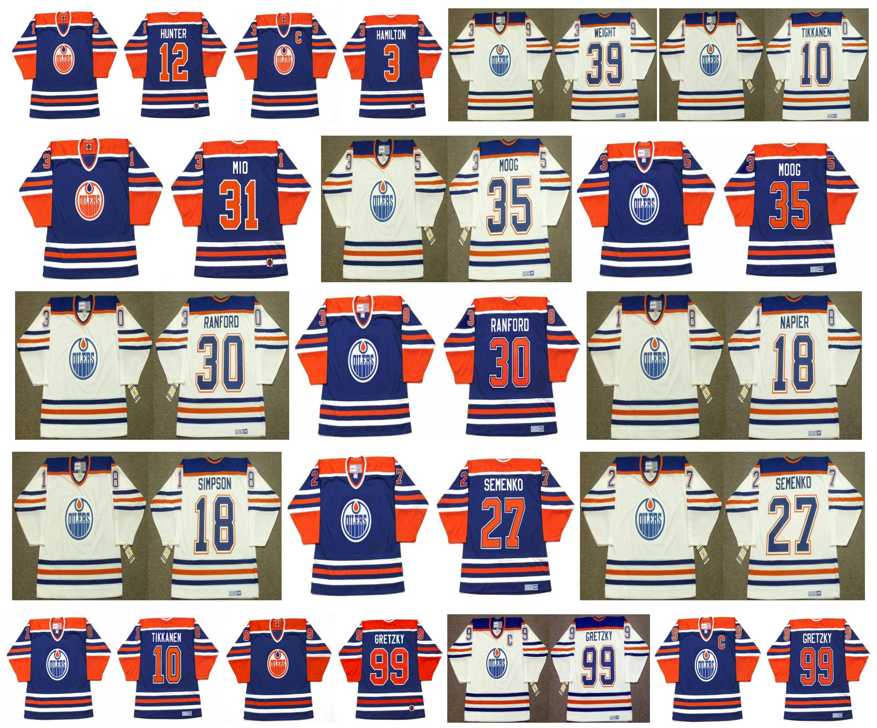 

Vintage Edmonton Oilers Jersey 99 Wayne Gretzky 18 CRAIG SIMPSON 27 DAVE SEMENKO 30 Bill Ranford 18 MARK NAPIER 35 ANDY MOOG Retro Hockey, As pic