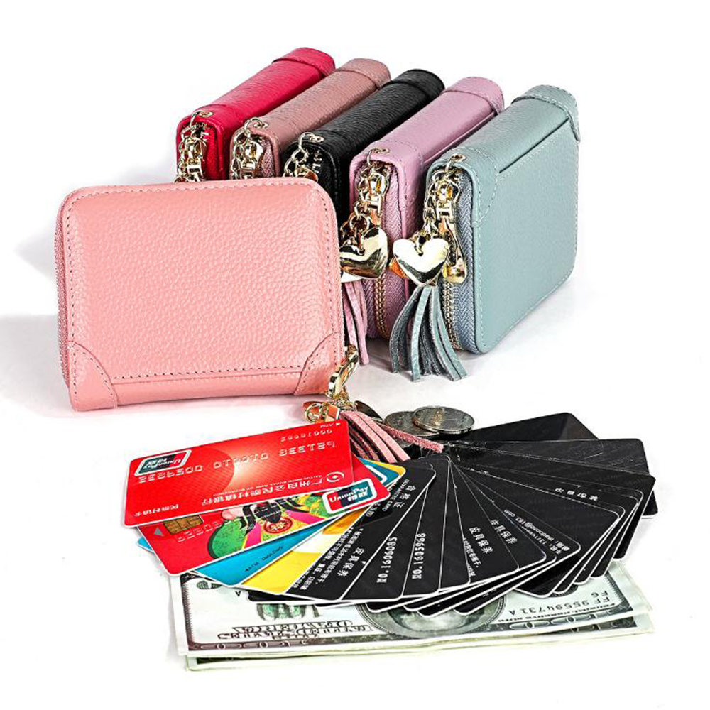 

RFID Blocking Tassel Wristlet Mini Card Wallet Genuine Leather Anti-theft Brush Zipper Purses 20/40 Slots Cards Holder Short Cowhide Pocket, As picture show