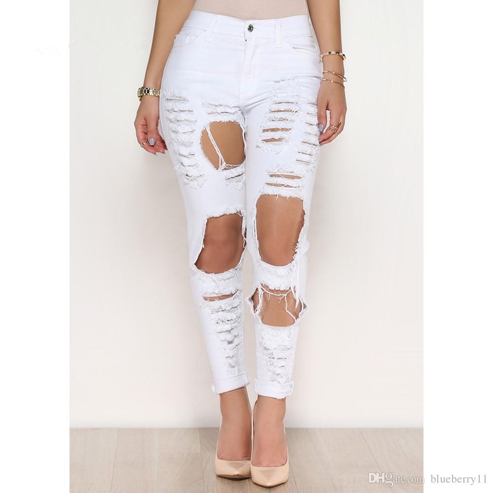 

Women's Jeans Fashion Ripped Denim Pants Hole Trousers Destroyed Full Length Black White Plus Size For Women S-3XL