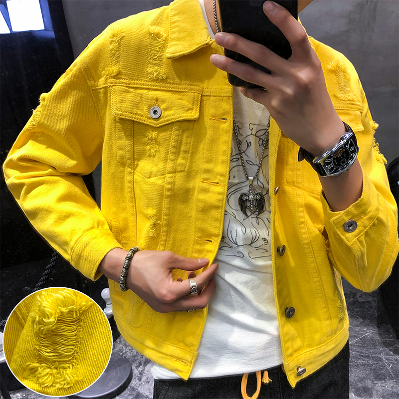 

Men's Jackets Autumn Yellow Denim Jacket Super Handsome Couple Coat Fashion Street Style Brokean Hole High Quality Size S-3XL
