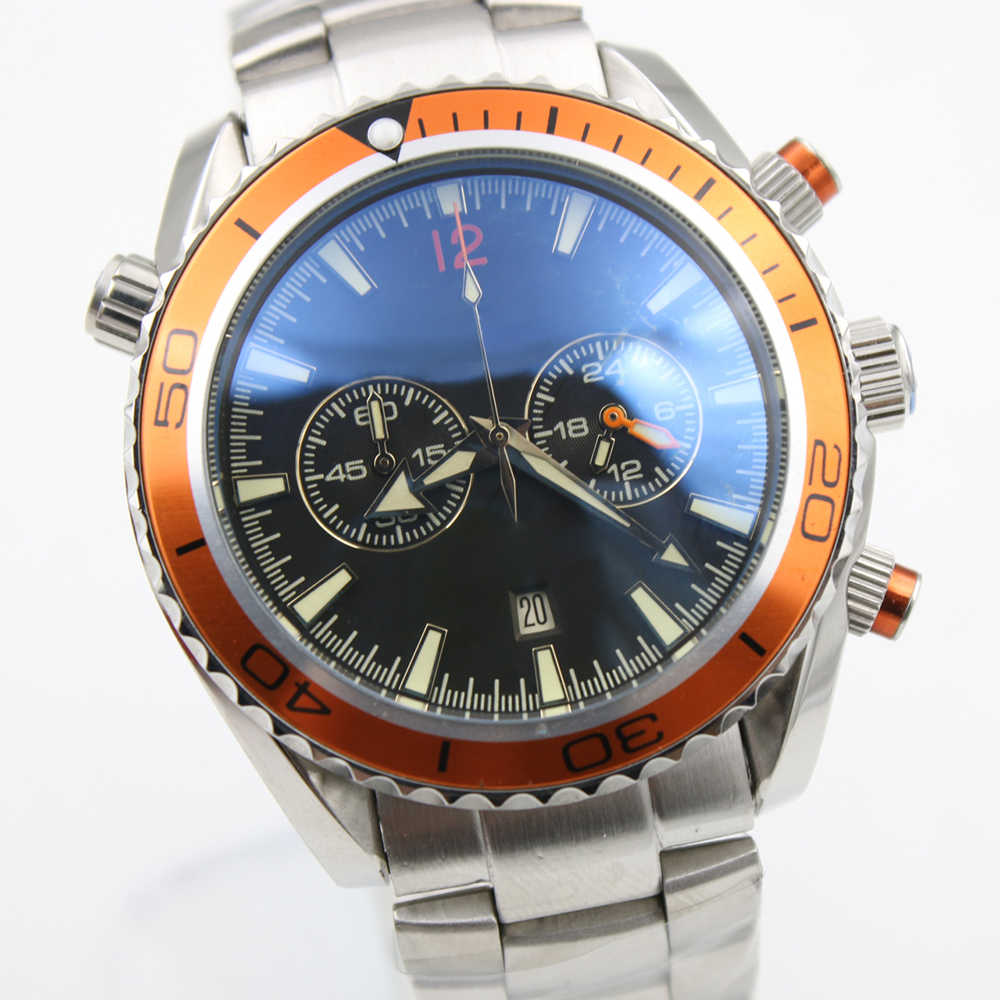 

New Men Quartz Chronograph Watches Planet Ocean Black Dial Mens 600M CO AXIAL Chronograph 44.5mm Sports Black Leather Strap Wristwatches, Slivery;brown