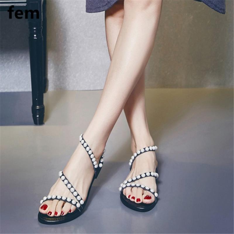 

FEM Women's Sandals 2020 New Pearl Sandals Women Flats Shoes Genuine leather Open Toe Slip On Ladies Shoes Summer Plus Siz, Black