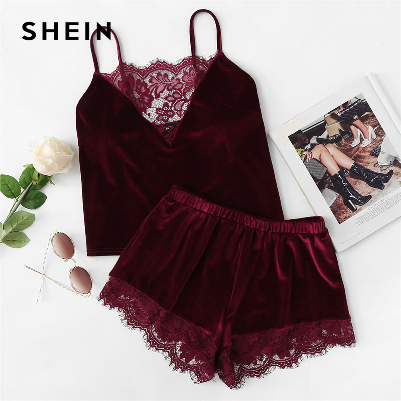

Lace Trim Velvet Cami & Shorts Pajamas Set Women Burgundy Plain Spaghetti Strap Sleeveless Sexy Summer Sleepwear