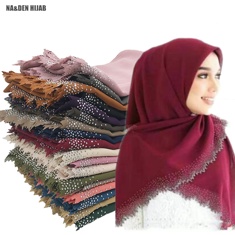 

1PC Chiffon wave crystal edges s Foulard hijab Muslim wraps Fashion diamond sides shawl Women plain solid scarf