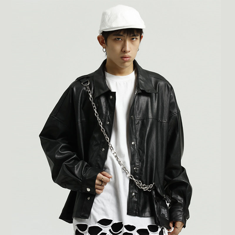 

Men with Bag Short Style PU Leather Jacket Japan Korea Male Women Streetwear Hip Hop Loose Leather Coat Outerwear, Black