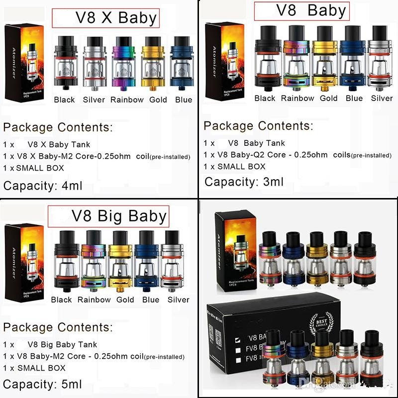 

Clearance V8 Big Baby 5ml Atomizer 4ml V8 X-Baby 3ml V8 Baby Sub Ohm Tank with Replacement Q2 M2 X4 Coils Head for Vape 510 Box Mod eCig Kit