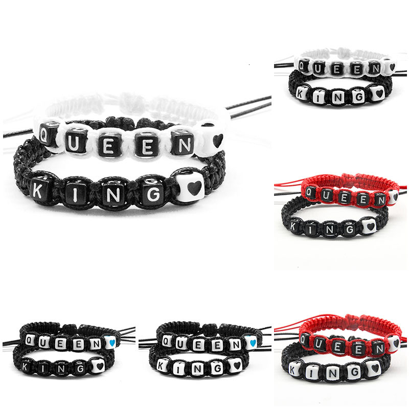 

2pcs/pair Different Colors Couple Bracelet King Queen With Heart Beads Rope Chains Size Adjustable Lovers Gifts Charm Bracelets