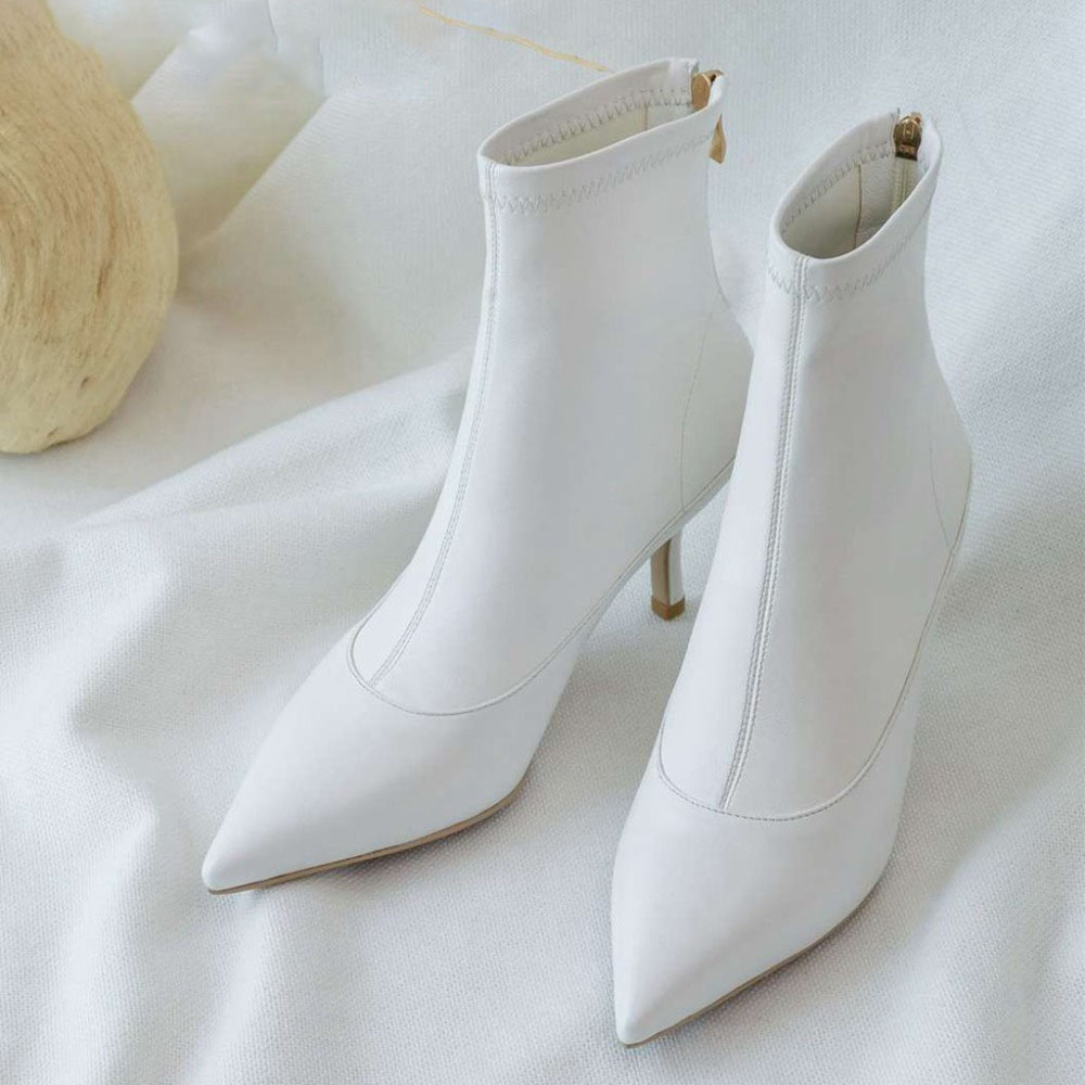 

genuine leather european style high thin heels oxford pointed toe zipper white black color mid-calf boots