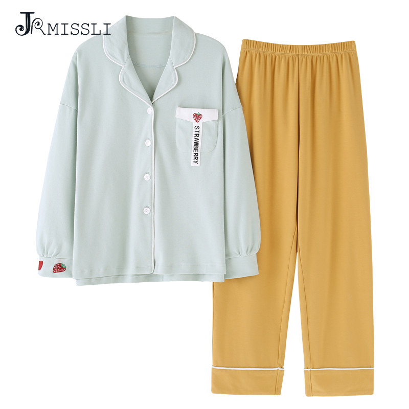 

JRMISSLI Women Pajamas Cotton Sleepwear Small Fresh Pajamas Set Large Size -3XL 2 Piece Autumn Spring Homewear Female