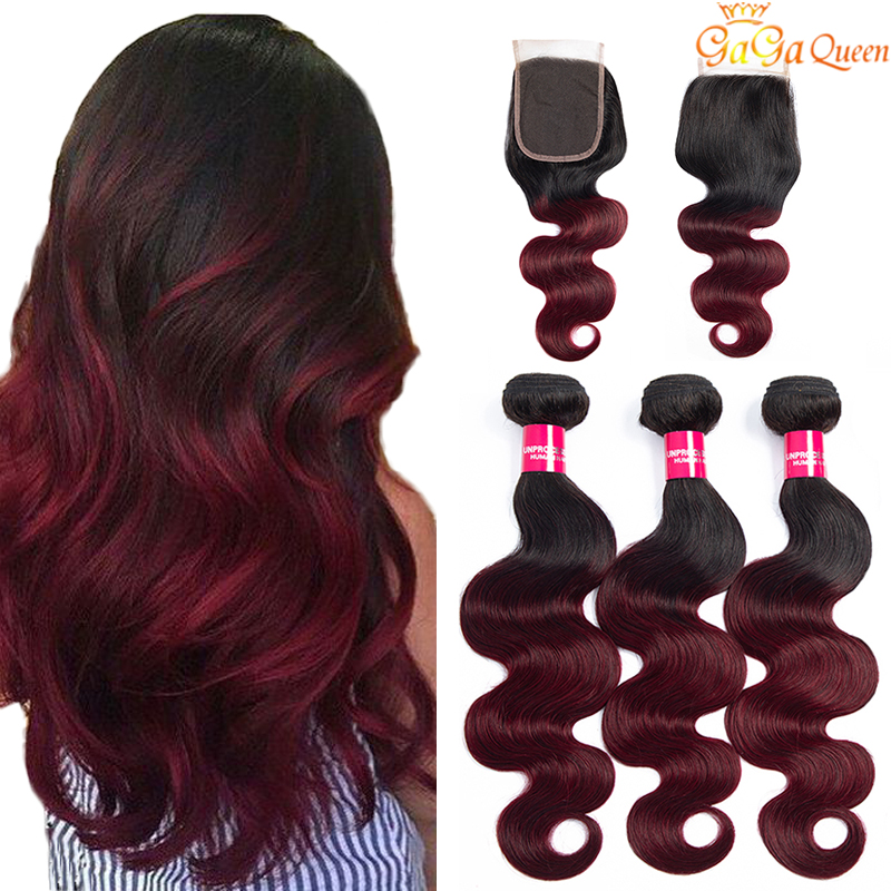 

ombre body wave bundles with closure burgundy peruvian hair weave bundles with closure 1b/99j ombre human hair 3 bundles with closure, Brazilian hair