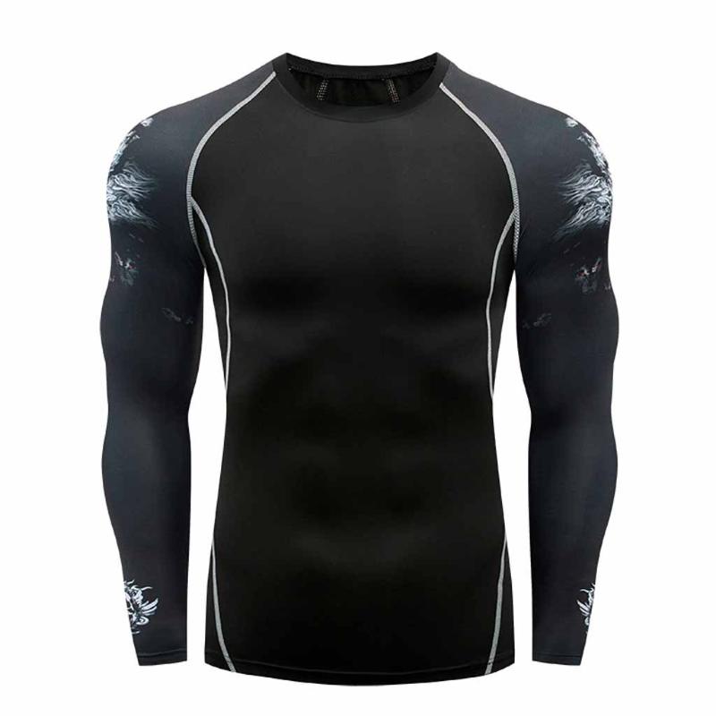 

T-shirt Fashion Men' Long Sleeve Yoga Fitness Print T-Shirt Top Blouse Round neck Fast Drying Breathable Camiseta, Black