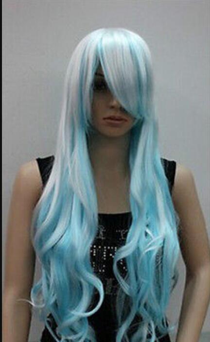 

WIG free shipping New Long White & Light Blue Mix Curly Full Cosplay Wig, Black