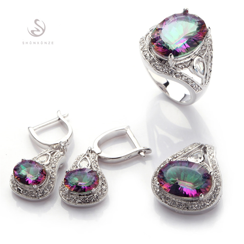 

SHUNXUNZE Bohemia Engagement wedding jewelry sets(ring/earring/pendant) for women dropshipping Rainbow Cubic Zirconia Rhodium Plated R701set