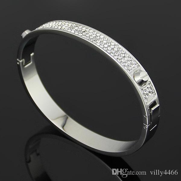 

Wholesale- Bijoux Bangles Rivet 316 L Titanium Stainless Steel Full Crystal Love Bangles Bracelets Fashion Jewelry For Women and Men