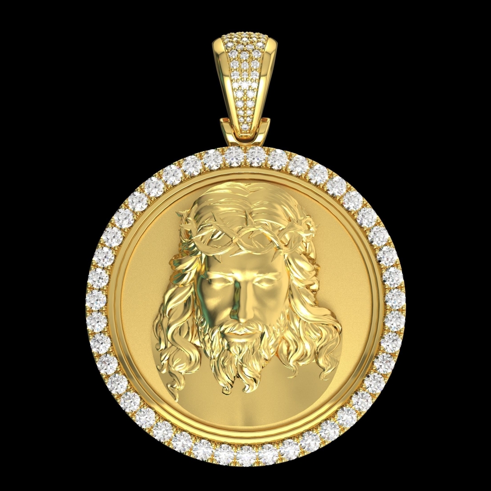 

European and American Fashion Men's 10K Yellow Gold Diamond Jesus Head Pendant Necklace Men's Personality Jewelry