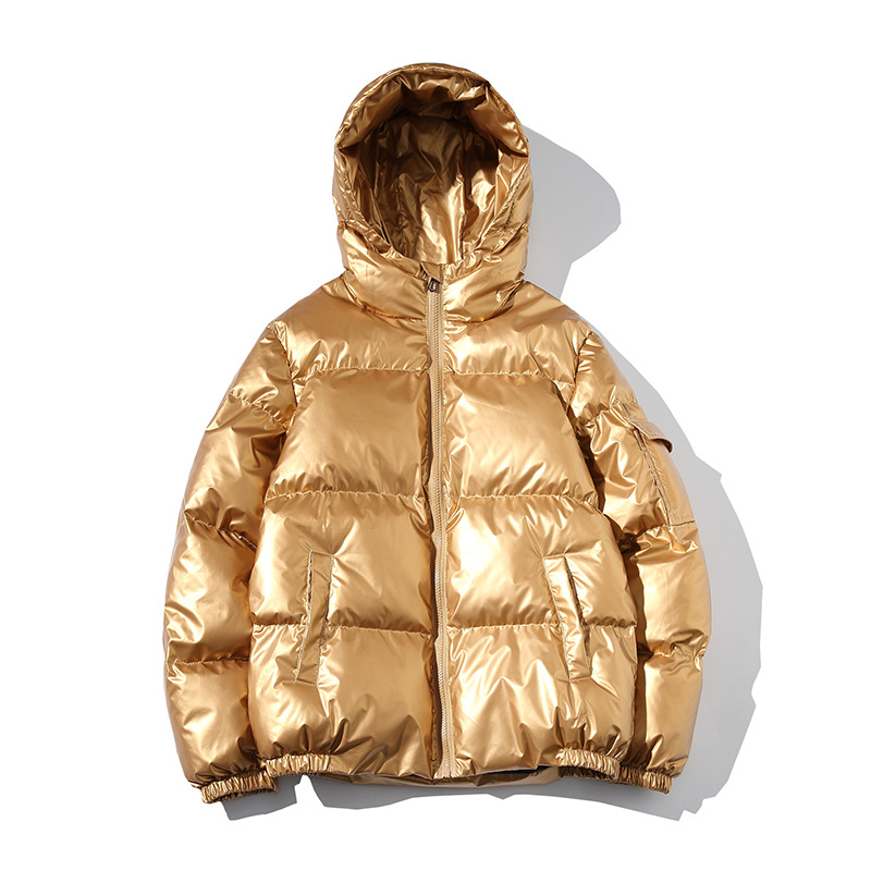 

Fashion Young Loose Hooded Cotton Jacket Outwear Male Winter Men Jacket Thick Warm Parka Jackets Silver Bright Glossy Bread Coat, Black