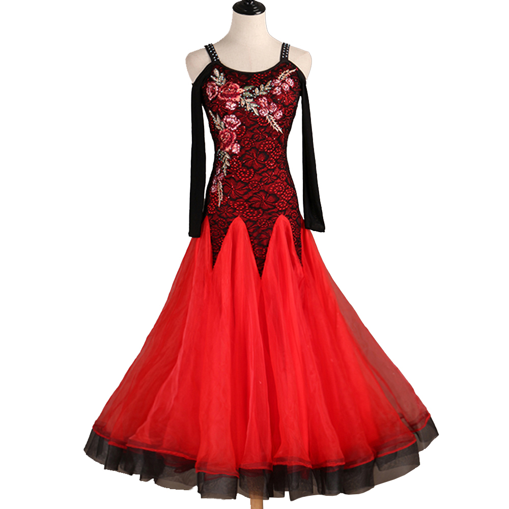 

Ballroom Dance Competition Dresses Women Waltz Dress Standard Dance Dresses D0574 Rhinestones Long Mesh Sleeve Big Sheer Hem, Red