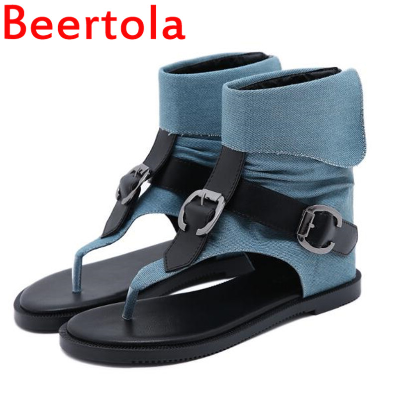

2020 Roman High-top Women Sandals Shoes Ankle Straps With Clip Toe Retro Denim Sandals Zapatillas Mujer Black Color Summer, As pics