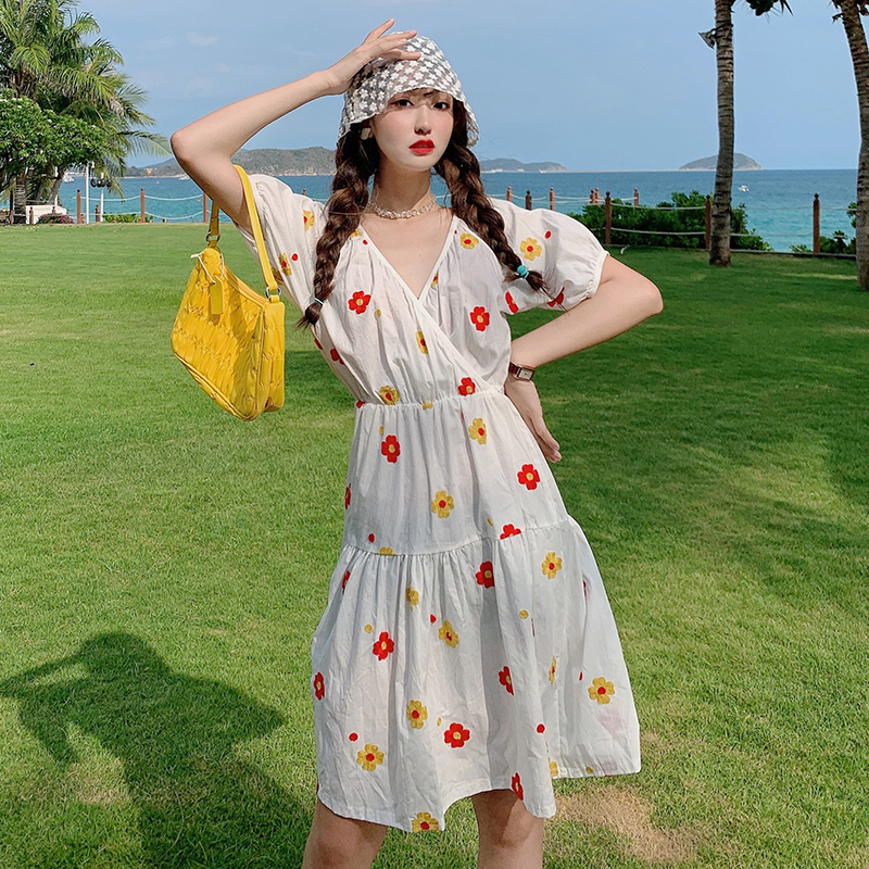 

1728# Maternity Dress Summer V Neck Short Sleeve Easy Matching Loose Stylish Dress for Pregnant Women Mom, The picture color