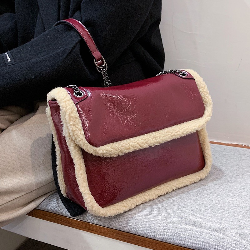 

Retro Fashion Large Square Crossbody Bag 2020 New Quality PU Leather Women's Designer Handbag Plush Chain Shoulder Messenger Bag, Black