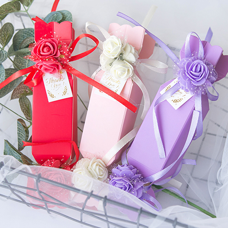 

20pcs/lot Creative candy box Solid color Candy shaped With Double Ribbon card board box wedding gift bags for Party Supplies