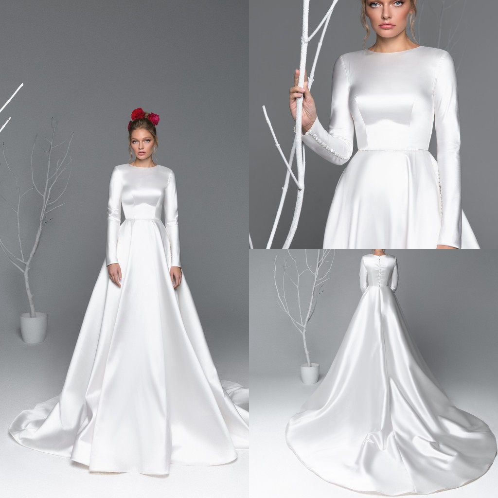 

2020 Modest Eva Lendel Long Sleeve A Line Satin Wedding Dresses Jewel Lace Sweep Train Wedding Gowns Simple robe de mariée, Champagne