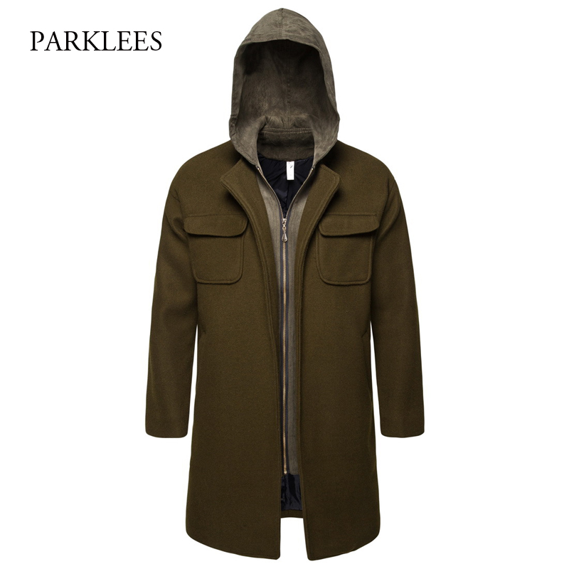 

Fake Two Piece Men's Woolen Trench Coat 2019 Winter Army Green Hooded Zipper Windbreaker Men Casual Long Manteau Homme