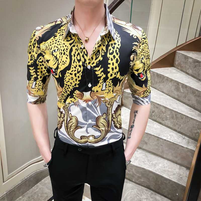 

Korean Sexy Leopard Print Shirt Men Half Sleeve 2020 Summer Slim Fit Men Floral Shirts Night Club Party Prom Tuxedo Dress 3XL-M, As the photo show
