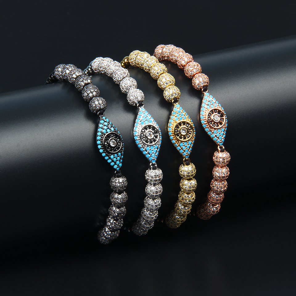

Women Charm Bracelets Turquoise CZ Eye Hamsa Braiding Jewelry For Men 6mm Ball Beads 4mm Stainless Steel Beads