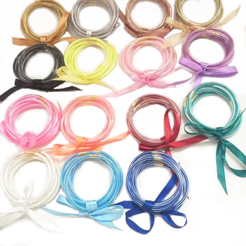 

Glitter Plastic Bracelet Hot sell 5pcs/ Set All Weather Glitter Bangles Set Glitter Filled Silicone Plastic Bowknot Jelly Summer Bracelets