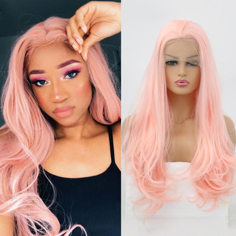 

QUINLUX WIGS Pink Wavy Long Wig Synthetic Lace Front Wigs For Women Lolita Hair Heat Resistant Fiber Cosplay Game African Hair, As pic