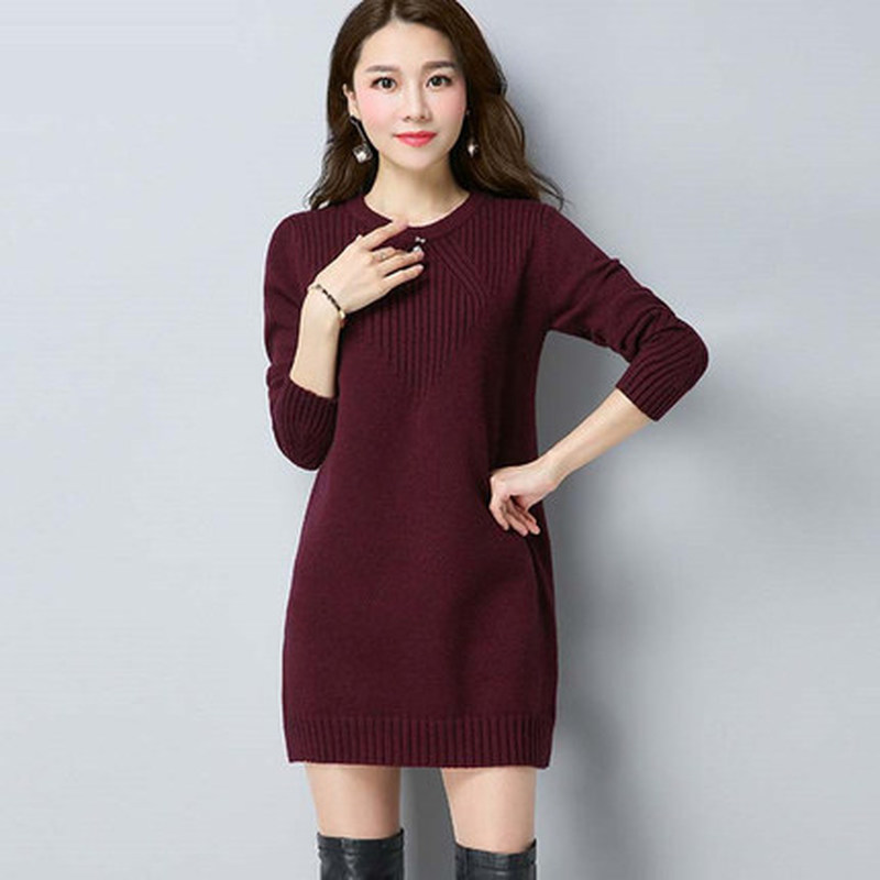 

2019 spring and autumn new fashion ladies loose long section round neck bottoming sweater, Beige