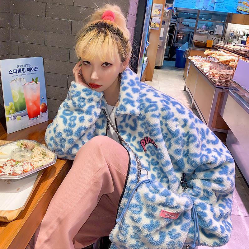 

Faux Fur Woolen Warm Winter Women Jacket Plus Size Fuzzy Cute Jackets Milk Cow Leopard Print Turn-down Collar Coat Overcoat Girl, Blue jacket