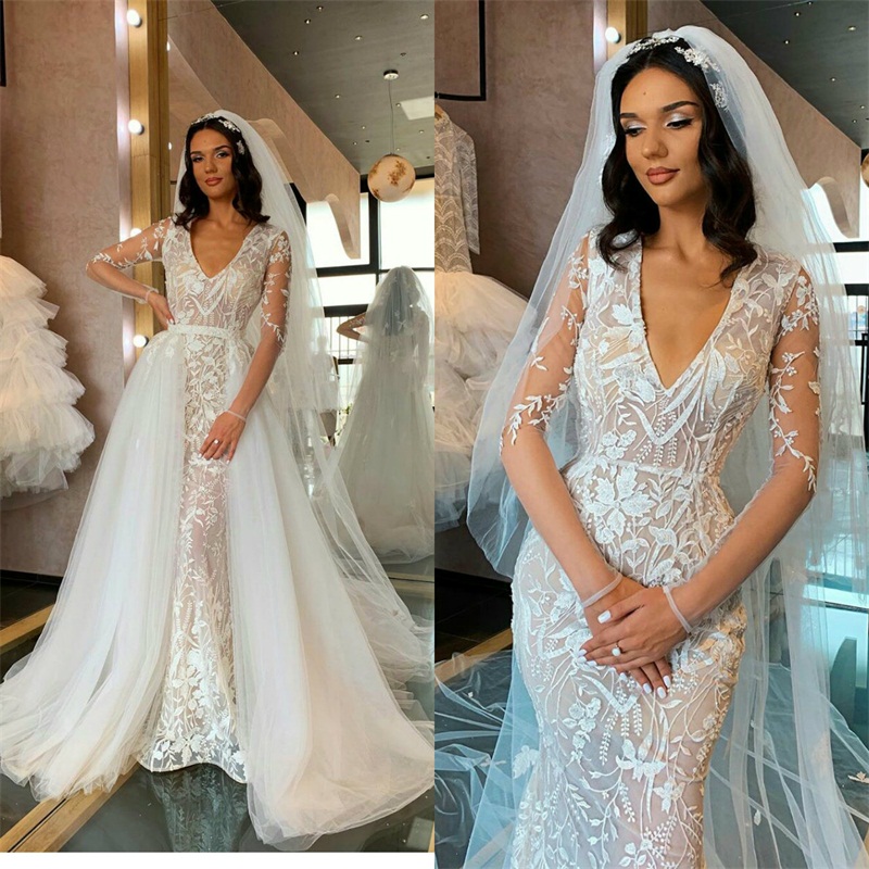 Robes De Mariée Sirène Élégantes Avec Train Détachable Col En V À Manches Longues Robes De Mariée Pleine Appliqued Dentelle Balayage Train Vestid