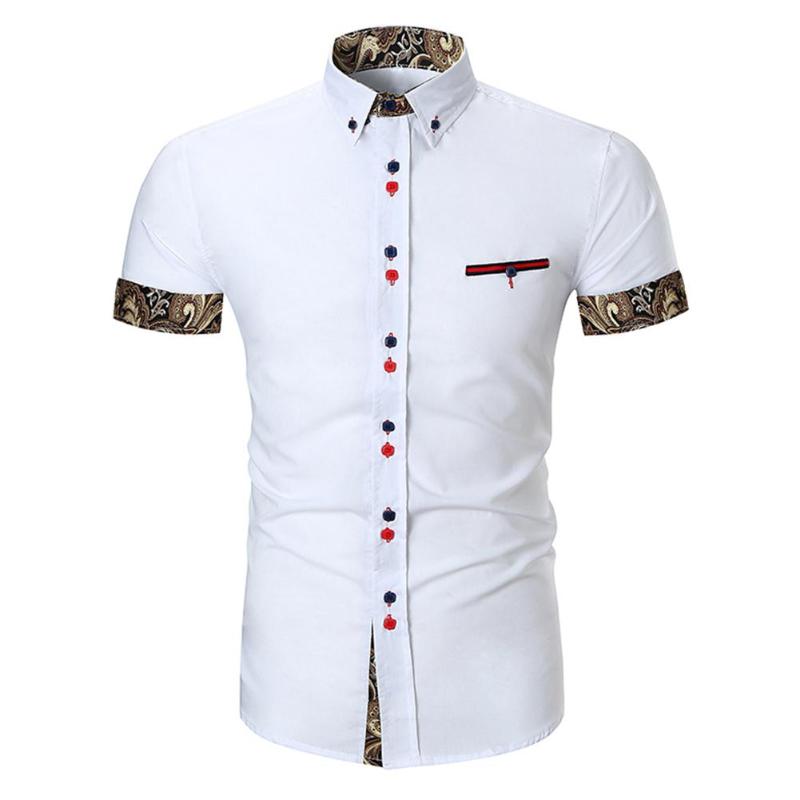 

MISSKY Summer Men shirt Short Sleeve Fashion Button Design Lapel Shirt with Pocket Matching Color Cotton Male Tops, Black