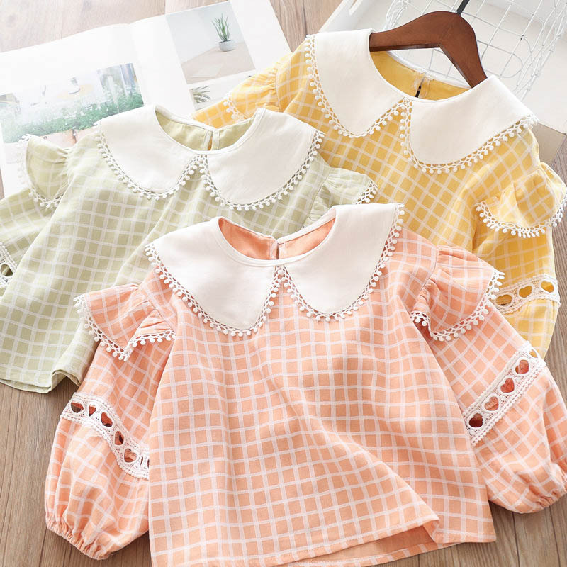 

Girl's Spring Love Hollowed-out Sleeve Doll Collar Plaid Shirt Children's Clothing Sweet Kids Blouse Korean Kid Clothes, Green