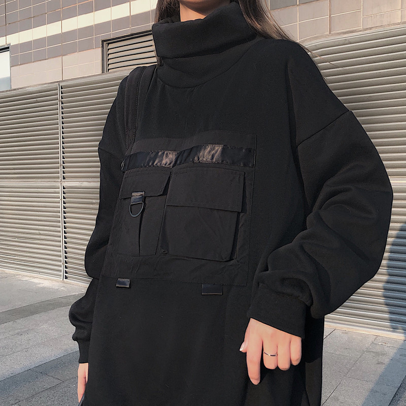 

Punk Hip Hop Pocket Oversized Turtleneck Harajuku Sweatshirt Women Man Pullover Hoodies Korean Chaqueta Streetwear Jumper Fleece, Black