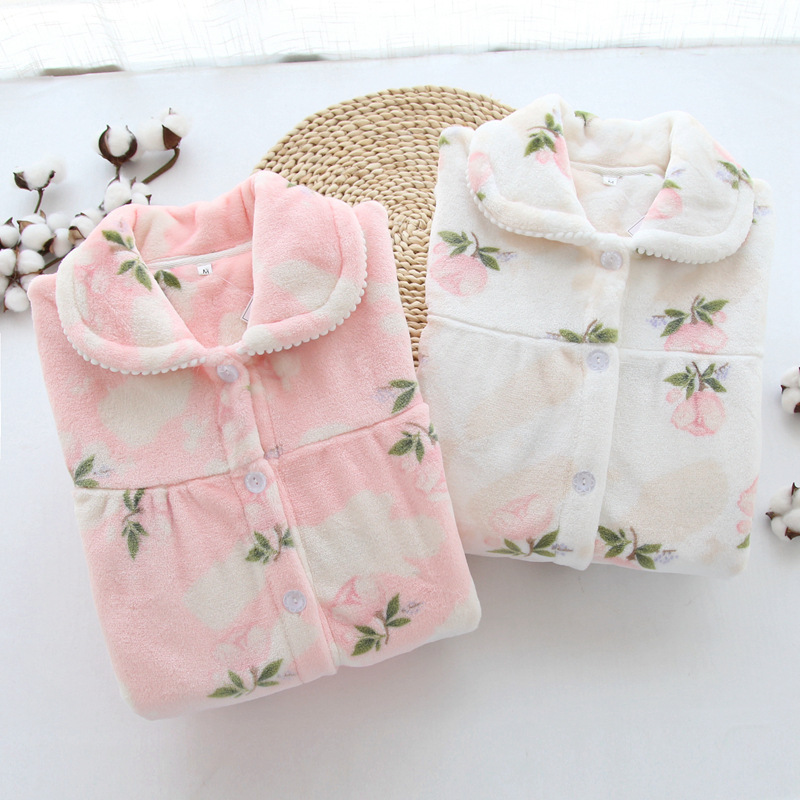 

JULY'S SONG Winter Warm Flannel Pajamas Set Women Pajama Sleepwear Pink Flower Pajamas Pattern Thick Warm Sleepwear 2 Pieces, Beige