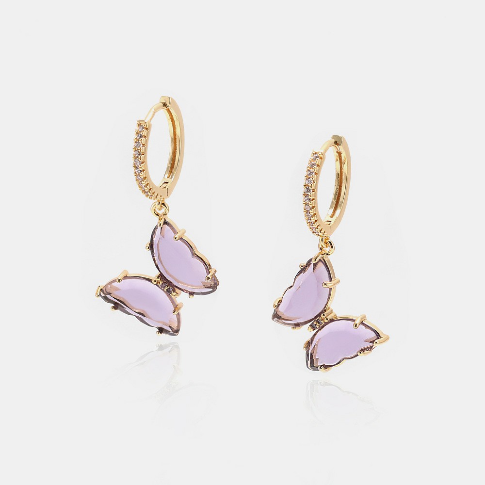 Luxury jewelry women pink purple glass butterfly designer earrings copper with gold plated diamond earrings for girl fashion style hoop stud