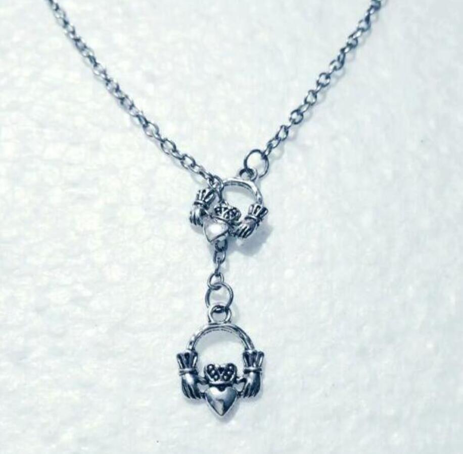 

Vintage Silver Double Pretty Irish Claddagh Pendant Adjustable Cross Lariat Necklace For Women Men Jewelry Gift 868
